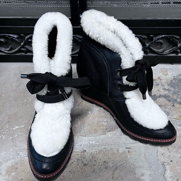 Fabianelli Black Leather Shearling Ankle Boots Lace Up Made in Italy SZ 8.5 - Picture 1 of 7